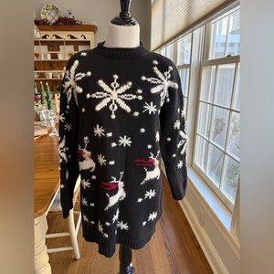 JK Christmas 1994 Hand Knit Sweater Pullover Reindeer Snowflake Black Size 18/20